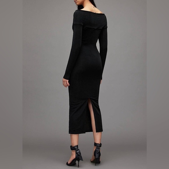 AllSaints Delta Shimmer Off the Shoulder Long Sleeve Midi Dress Black size 2 - Picture 2 of 10